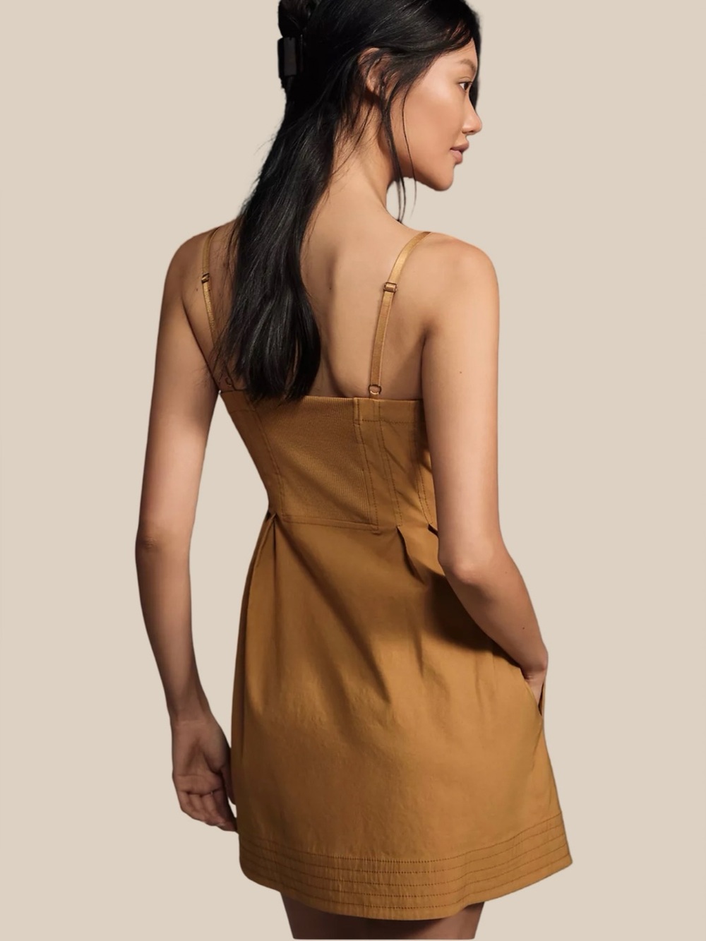 Anthropologie Maeve Structured Zip Front Mini Dress, Honey Brown, Pockets SZ M - Picture 2 of 8